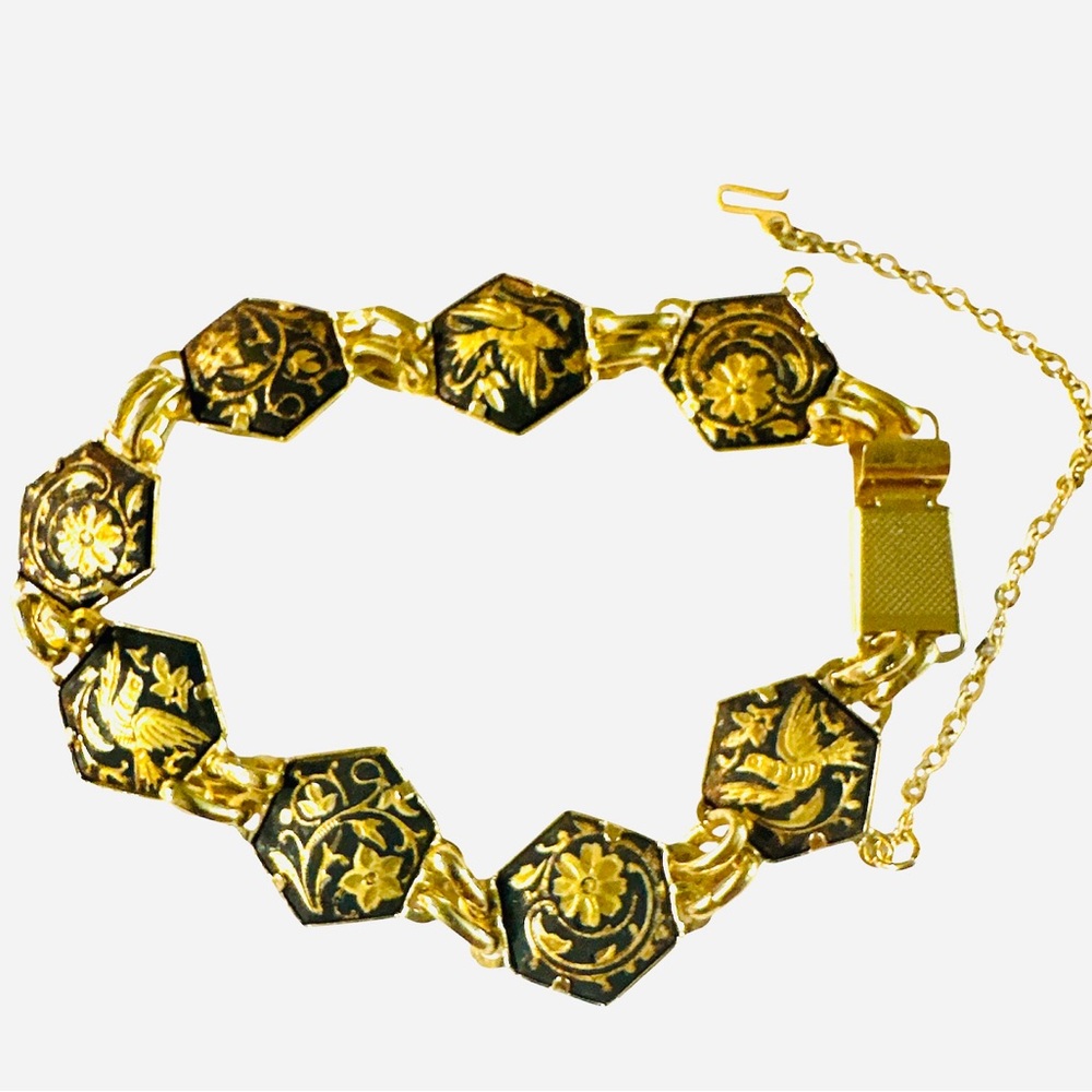 Damascene Toledo Spain Bird and Flower Link Bracelet w/Safety Chain, Vintage.